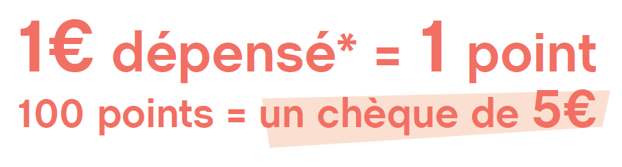 1€ = 1 point ; 100 points = un chèque de 5 euros